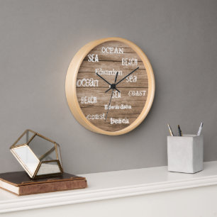 Modern beach wood ocean script family name clock