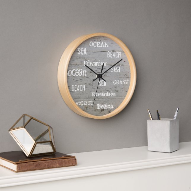 Modern beach wood ocean script family name clock (Office)