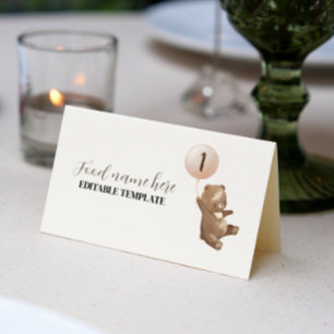 Modern Bear Balloon 1st Birthday Tent Place Card