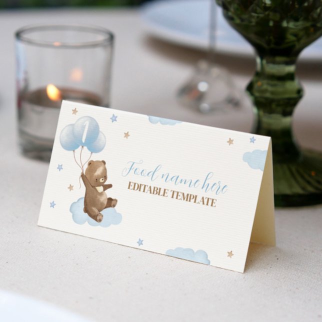 Modern Bear Balloon 1st Birthday Tent Place Card (Creator Uploaded)