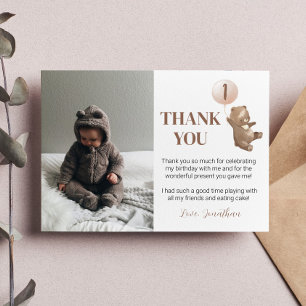 Modern Bear Balloon Birthday Photo Thank You Card