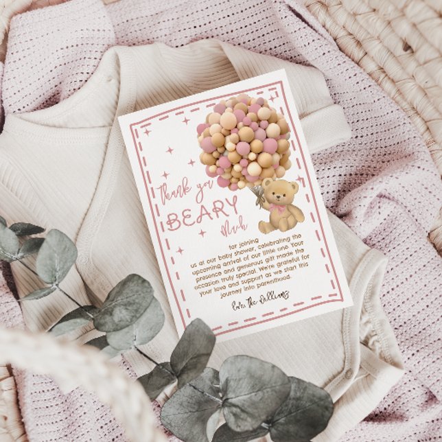 Modern Bear Balloons Bearly Wait Pink Baby Shower Thank You Card (Creator Uploaded)