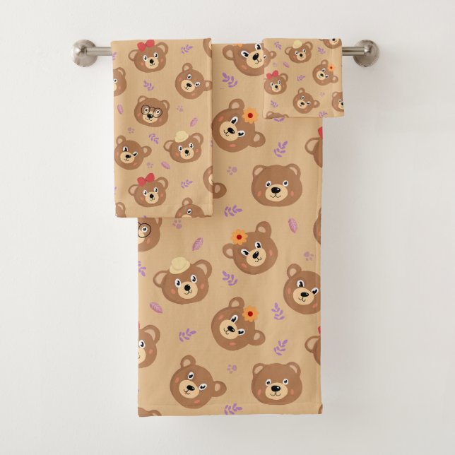 Modern Bear Faces on Light Beige Bath Towel Set (Insitu)