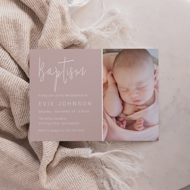 Modern Beautiful Baby Baptism Blush Photo Invitation (Creator Uploaded)