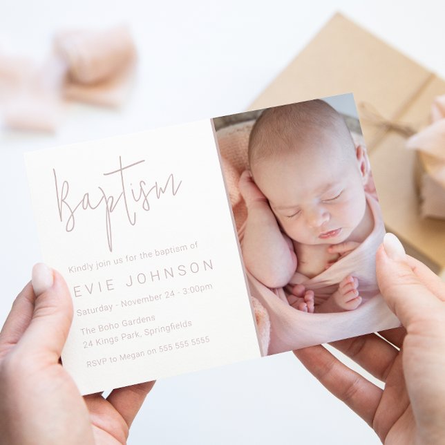 Modern Beautiful Baby Baptism Blush & White Photo Invitation (Creator Uploaded)