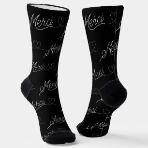 Modern beautiful script saying Merci Black Socks