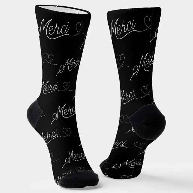  Modern beautiful script saying Merci Black Socks (Angled)