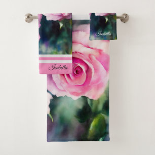 Modern Beautiful Watercolor Pink Roses Collection Bath Towel Set