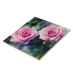 Modern Beautiful Watercolor Pink Roses Collection Ceramic Tile