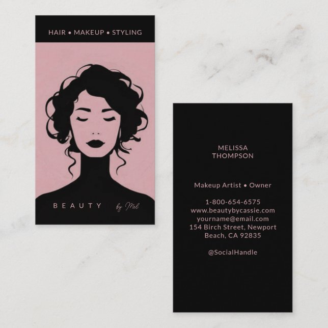 Modern Beauty Makeup Hair Nails Blush Pink Black Business Card (Front/Back)