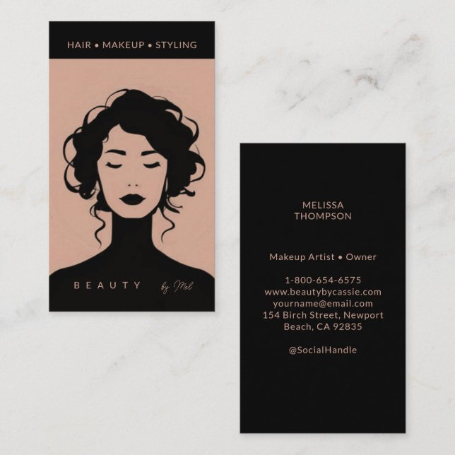Modern Beauty Makeup Hair Nails Peach Pink & Black Business Card (Front/Back)