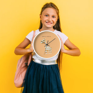 Modern Beauty Orange Giraffe With Name Round Clock