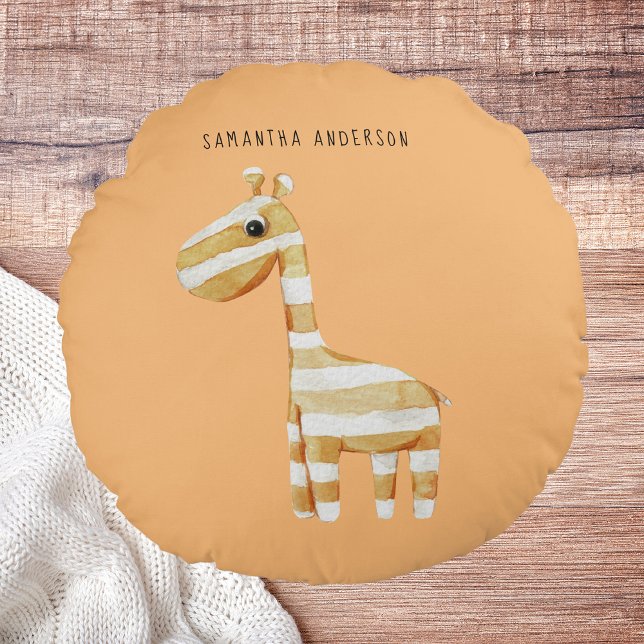 Modern Beauty Orange Giraffe With Name Round Cushion (Creator Uploaded)