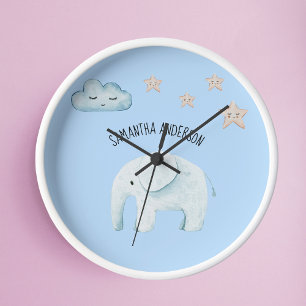 Modern Beauty Pastel Blue Elephant & Stars Kid Round Clock