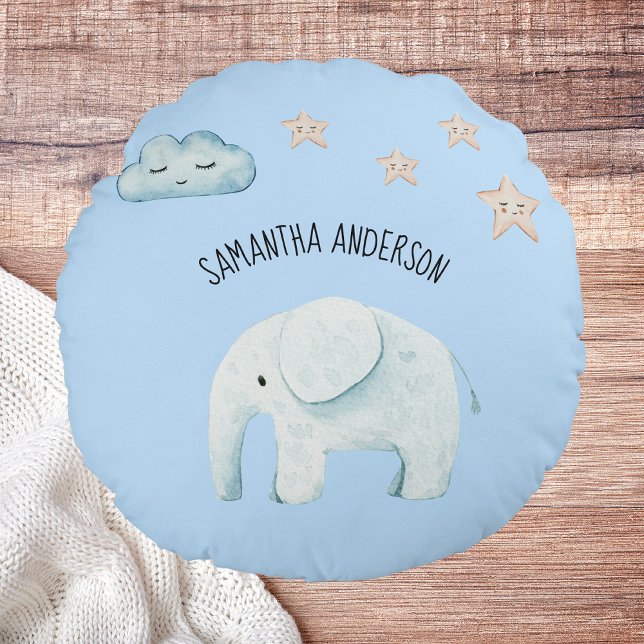 Modern Beauty Pastel Blue Elephant & Stars Kid Round Cushion (Creator Uploaded)