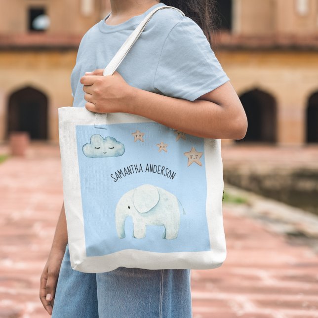 Modern Beauty Pastel Blue Elephant & Stars Kid Tote Bag (Creator Uploaded)