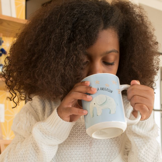 Modern Beauty Pastel Blue Elephant & Stars Kid Two-Tone Coffee Mug (Creator Uploaded)