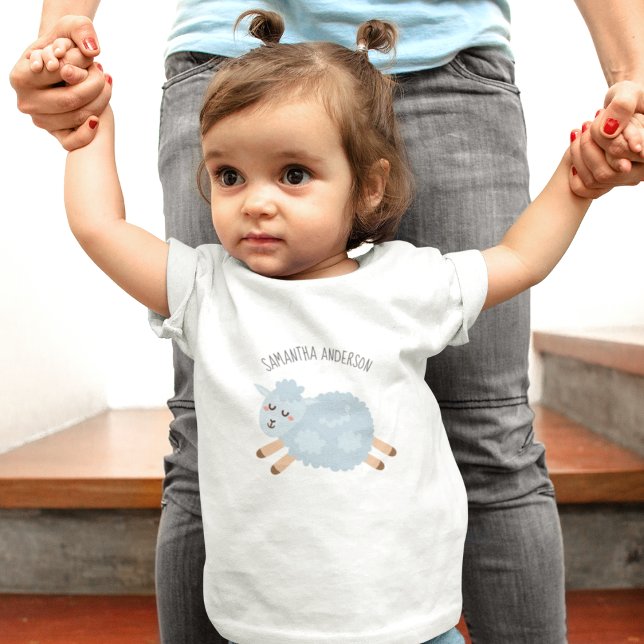 Modern Beauty Pastel Blue Sheep And Kid Name Baby T-Shirt (Creator Uploaded)