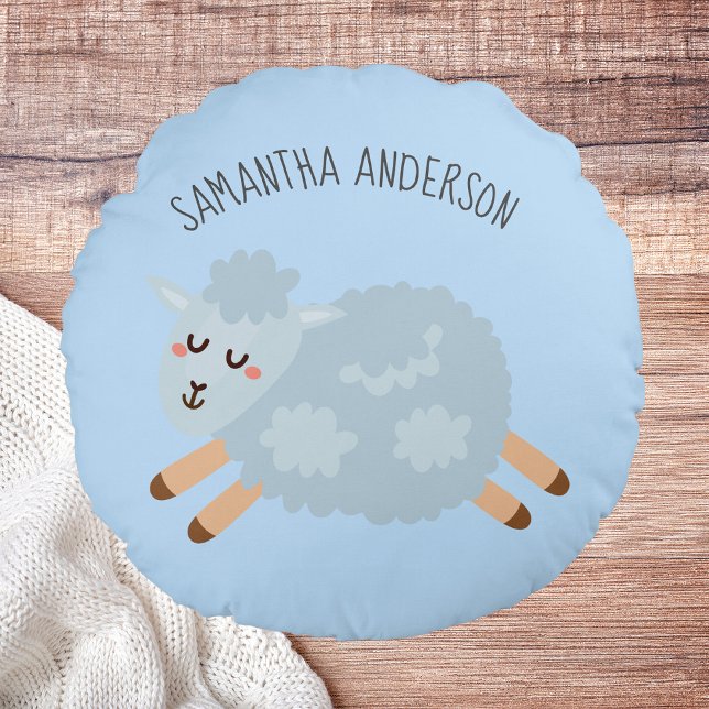 Modern Beauty Pastel Blue Sheep And Kid Name Round Cushion (Creator Uploaded)