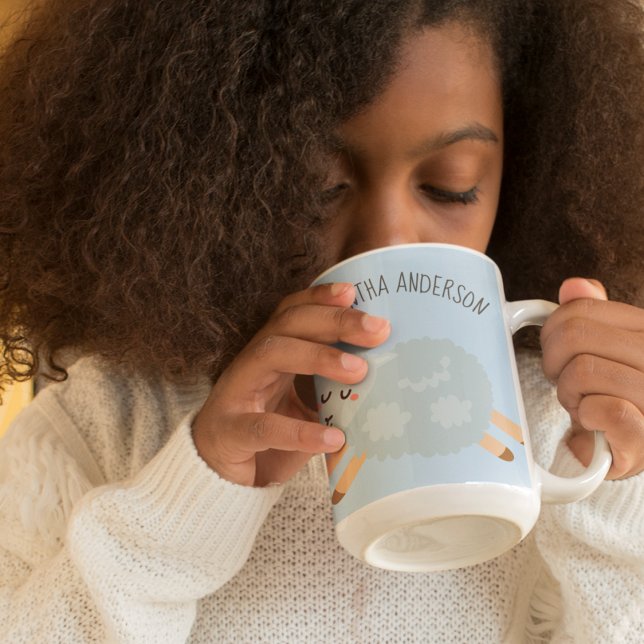 Modern Beauty Pastel Blue Sheep And Kid Name Two-Tone Coffee Mug (Creator Uploaded)