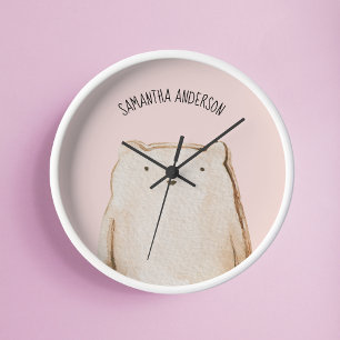 Modern Beauty Pastel Pink Bear With Name Round Clock