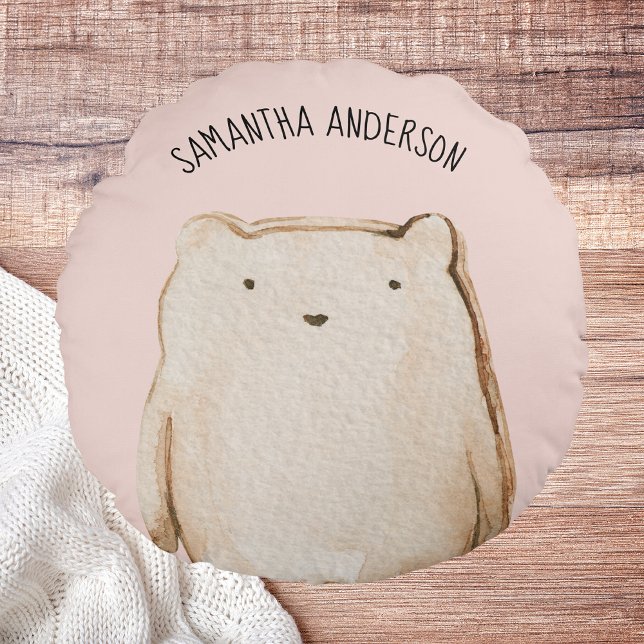 Modern Beauty Pastel Pink Bear With Name Round Cushion (Creator Uploaded)