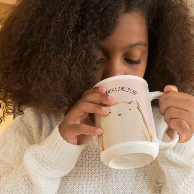 Modern Beauty Pastel Pink Bear With Name Two-Tone Coffee Mug (Creator Uploaded)