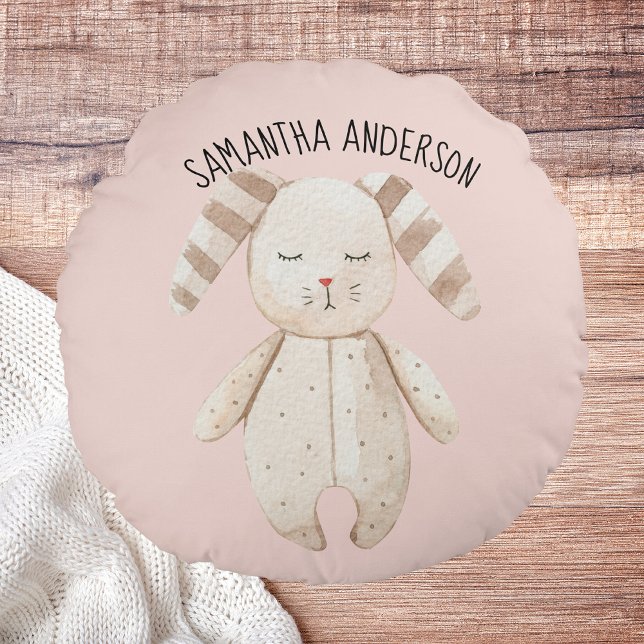 Modern Beauty Pastel Pink Bunny With Name Round Cushion (Creator Uploaded)