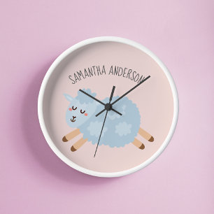 Modern Beauty Pastel Pink Sheep And Kid Name Round Clock