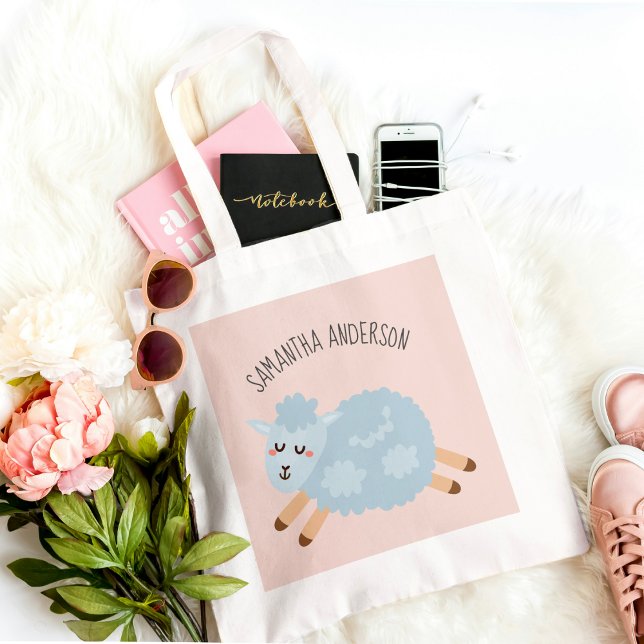 Modern Beauty Pastel Pink Sheep And Kid Name Tote Bag (Creator Uploaded)