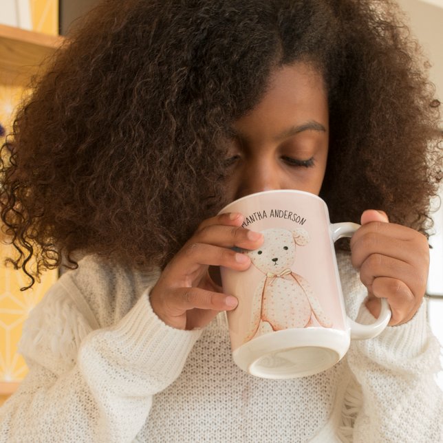 Modern Beauty Pastel Pink Teddy Bear With Name Two-Tone Coffee Mug (Creator Uploaded)