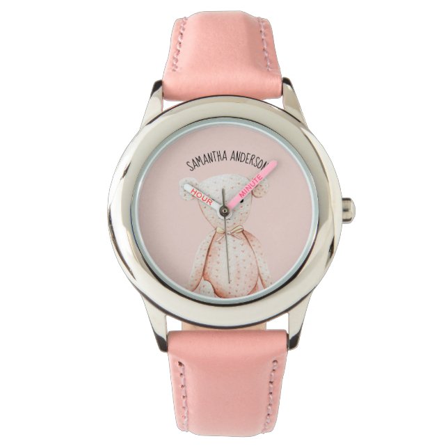 Modern Beauty Pastel Pink Teddy Bear With Name Watch (Front)