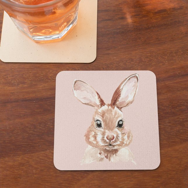 Modern Beauty Pastel Pink Watercolor Bunny Lovely Square Paper Coaster (Creator Uploaded)