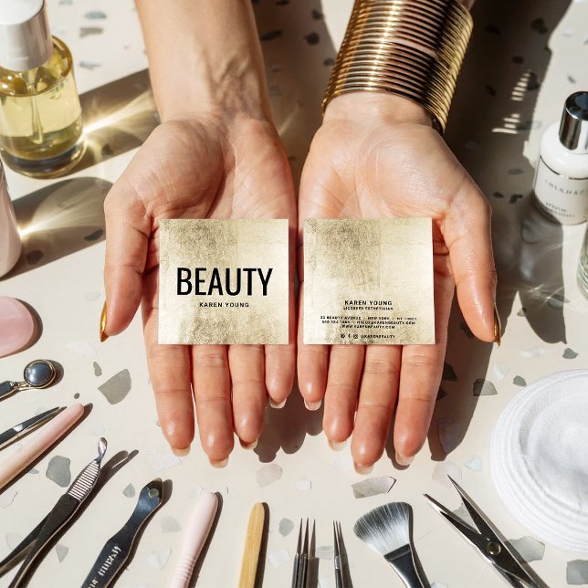 Modern beauty salon chic gold foil makeup artist square business card (Modern beauty salon chic gold foil makeup artist)
