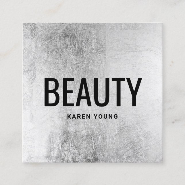Modern beauty salon chic silver foil makeup artist square business card (Front)