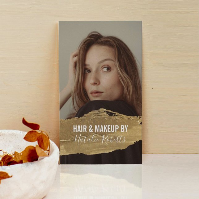 Modern Beauty Salon Gold Lipstick Stain Photo Business Card (Creator Uploaded)