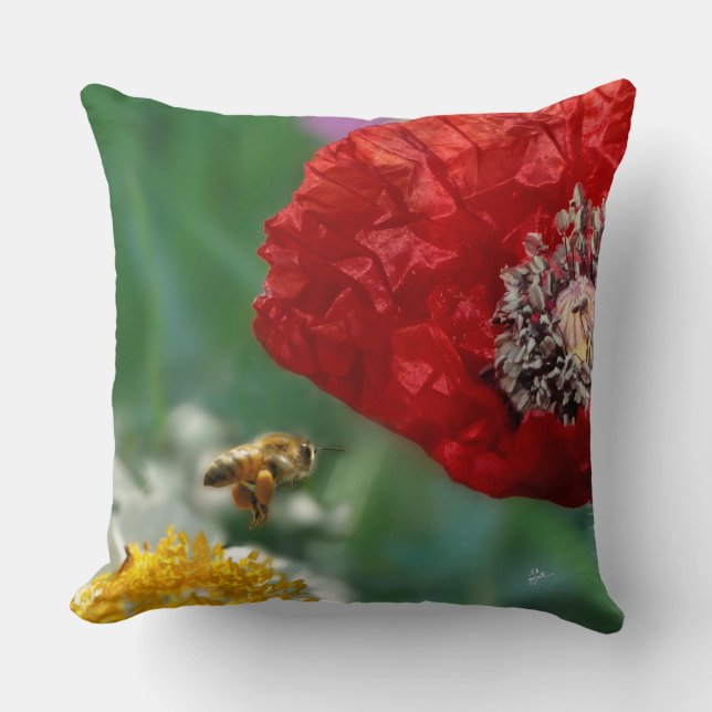 Modern Bee and Red Poppy Nature Photograph Cushion (Front)