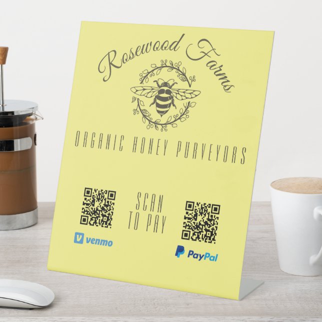 Modern Bee Wreath QR Code Payment   Pedestal Sign (In SItu)
