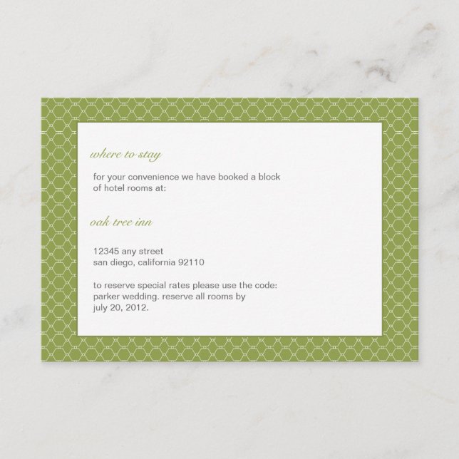 Modern Beehive Wedding Insert Card in pear green (Front)