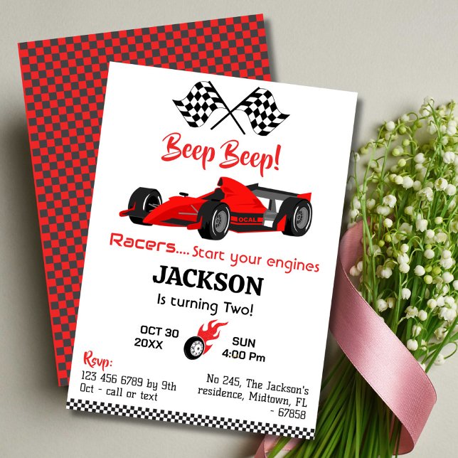 Modern beep beep red race sports car 2nd birthday invitation (Creator Uploaded)