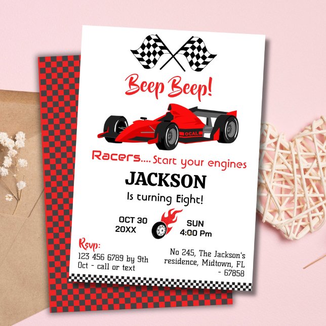 Modern beep beep red race sports car 8th birthday invitation (Creator Uploaded)