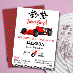 Modern beep beep red race sports car 9th birthday invitation