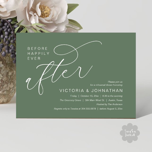 Modern Before Happily Ever After Rehearsal Dinner Invitation (Modern Before Happily Ever After Romantic Rehearsal Dinner Invites Card PDF Aesthetic Sage Green)