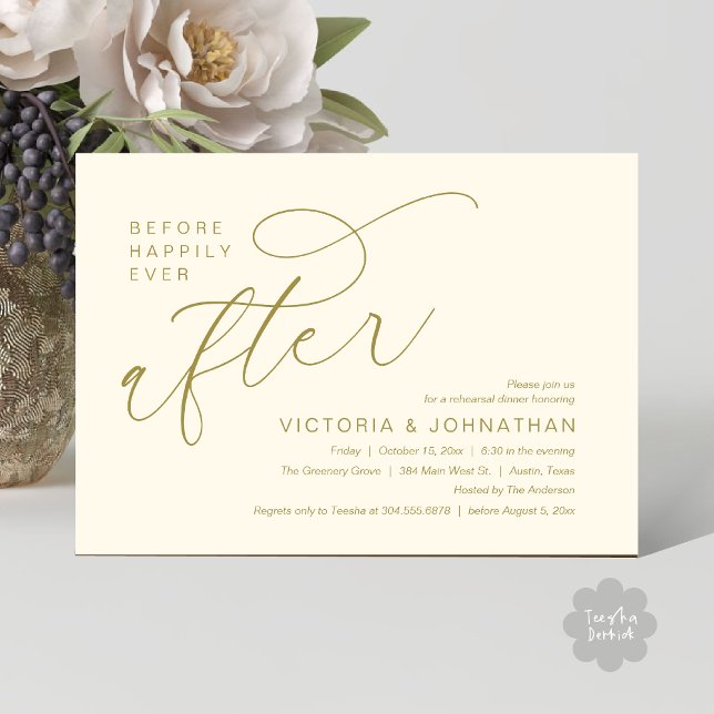 Modern Before Happily Ever After Rehearsal Dinner Invitation (Modern Before Happily Ever After Romantic Rehearsal Dinner Invites Card PDF Aesthetic Yellow Gold)