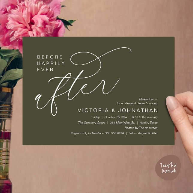 Modern Before Happily Ever After Rehearsal Dinner Invitation (Modern Before Happily Ever After Romantic Rehearsal Dinner Invites Card PDF Aesthetic Olive Green)