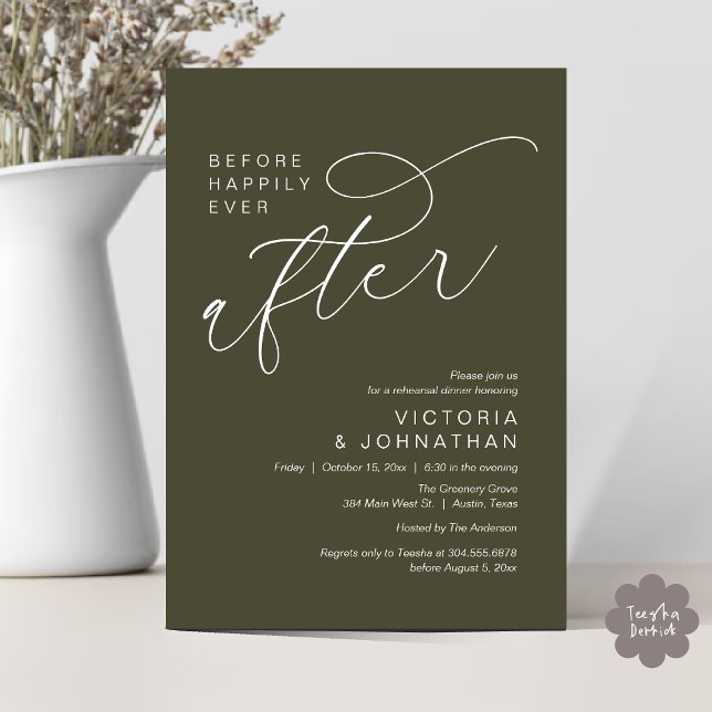 Modern Before Happily Ever After Rehearsal Dinner Invitation (Modern Before Happily Ever After Romantic Rehearsal Dinner Invites Card PDF Aesthetic Olive Green)