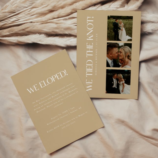 Modern Beige 3-Photo Elopement Wedding Reception Invitation (Creator Uploaded)