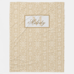 Modern Beige and Cream Floral Damask Monogrammed Fleece Blanket
