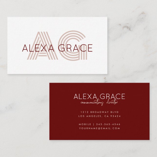 Modern Beige and Wine Monogram Business Card (Front/Back)