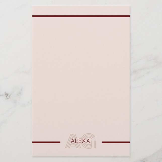 Modern Beige and Wine Monogram Stationery (Front)